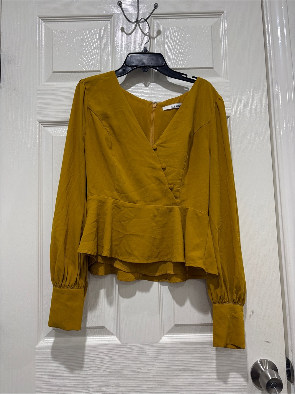 Womens Mustard Long-Sleeve Peplum Blouse